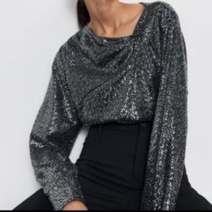 NWT Zara Silver Grey Sequin Metallic Long Sleeve Top with Knot, XS